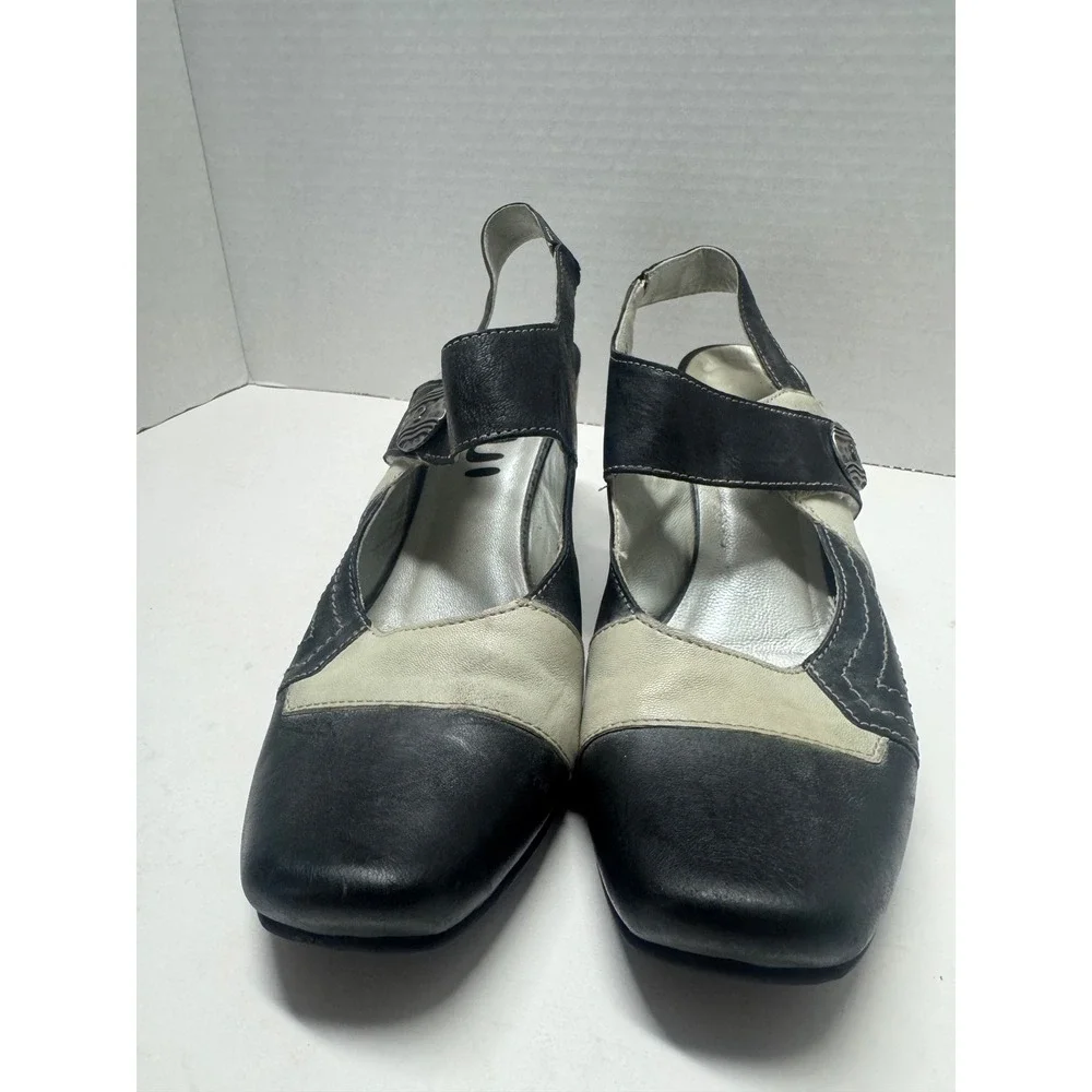 Fidji Black‎ Cream Leather Colorblock Slingback Mary Jane Heels Size 38 7.5